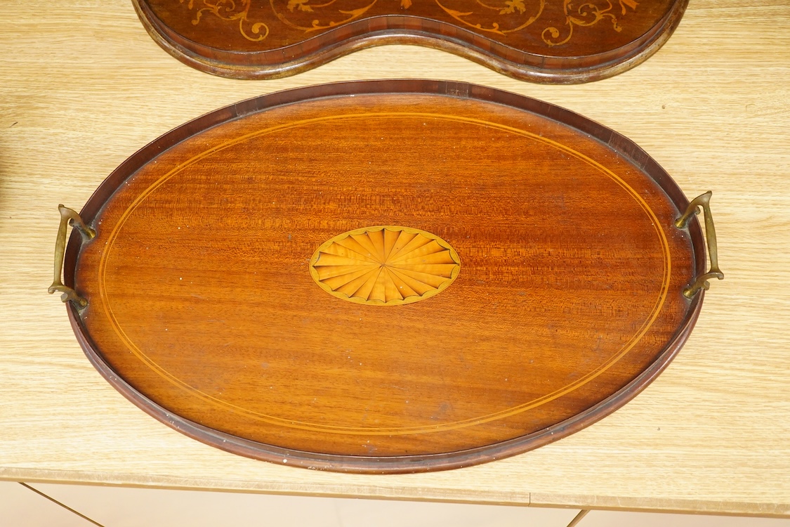 Two 19th century galleried trays, each inlaid, to include a kidney shaped example, largest 54cm wide